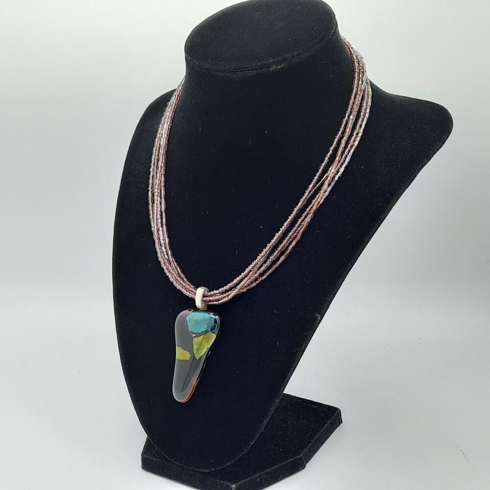 Multi Strand Purple Glass Bead Necklace Fused Dual Sided Silver Heart Pendant